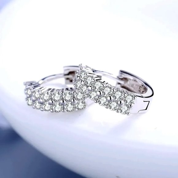 Fine Silver Jewelry - Double Row Diamond Huggy Loop Earrings, 18K White Gold